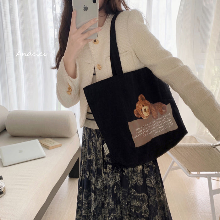 Free Love Bear Art Canvas Tote Bag with Zip - Andcici