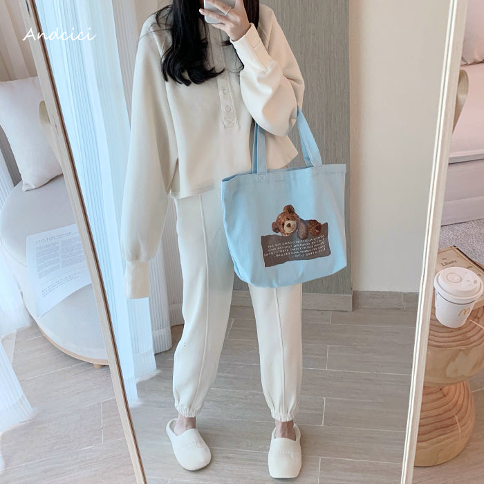 Free Love Bear Art Canvas Tote Bag with Zip - Andcici