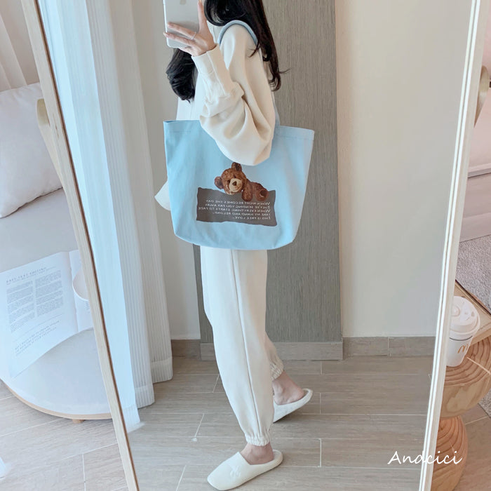 Free Love Bear Art Canvas Tote Bag with Zip - Andcici