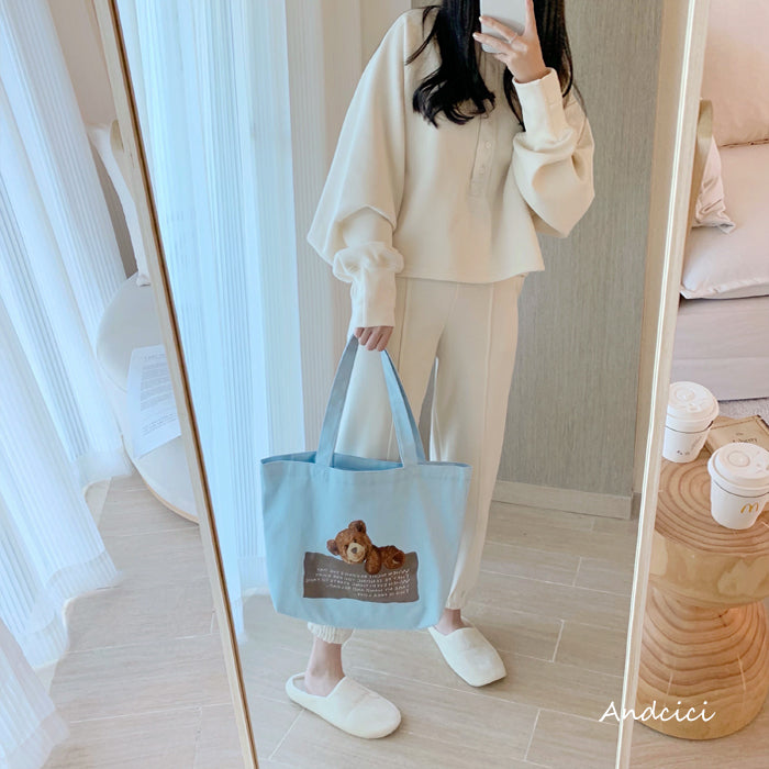 Free Love Bear Art Canvas Tote Bag with Zip - Andcici