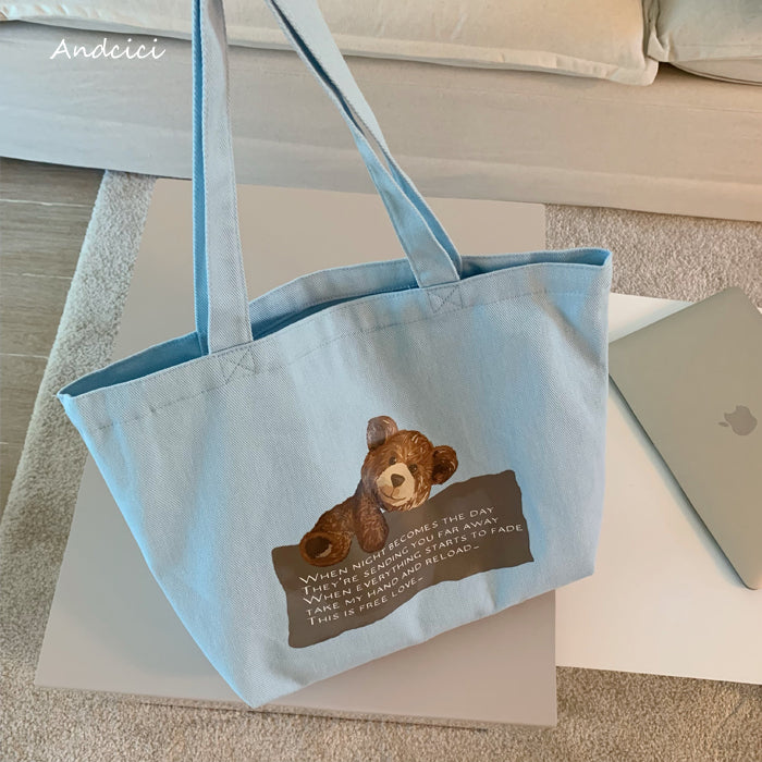 Free Love Bear Art Canvas Tote Bag with Zip - Andcici