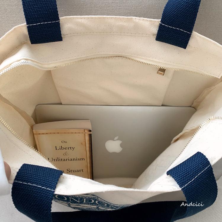 London Books Marylebone Book Store Tote Bag blue strap with Zip - Andcici