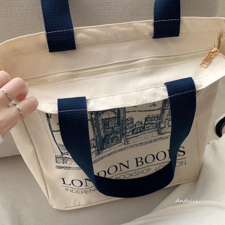 London Books Marylebone Book Store Tote Bag blue strap with Zip - Andcici