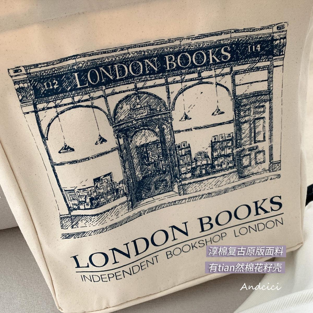 London Books Marylebone Book Store Tote Bag blue strap with Zip - Andcici