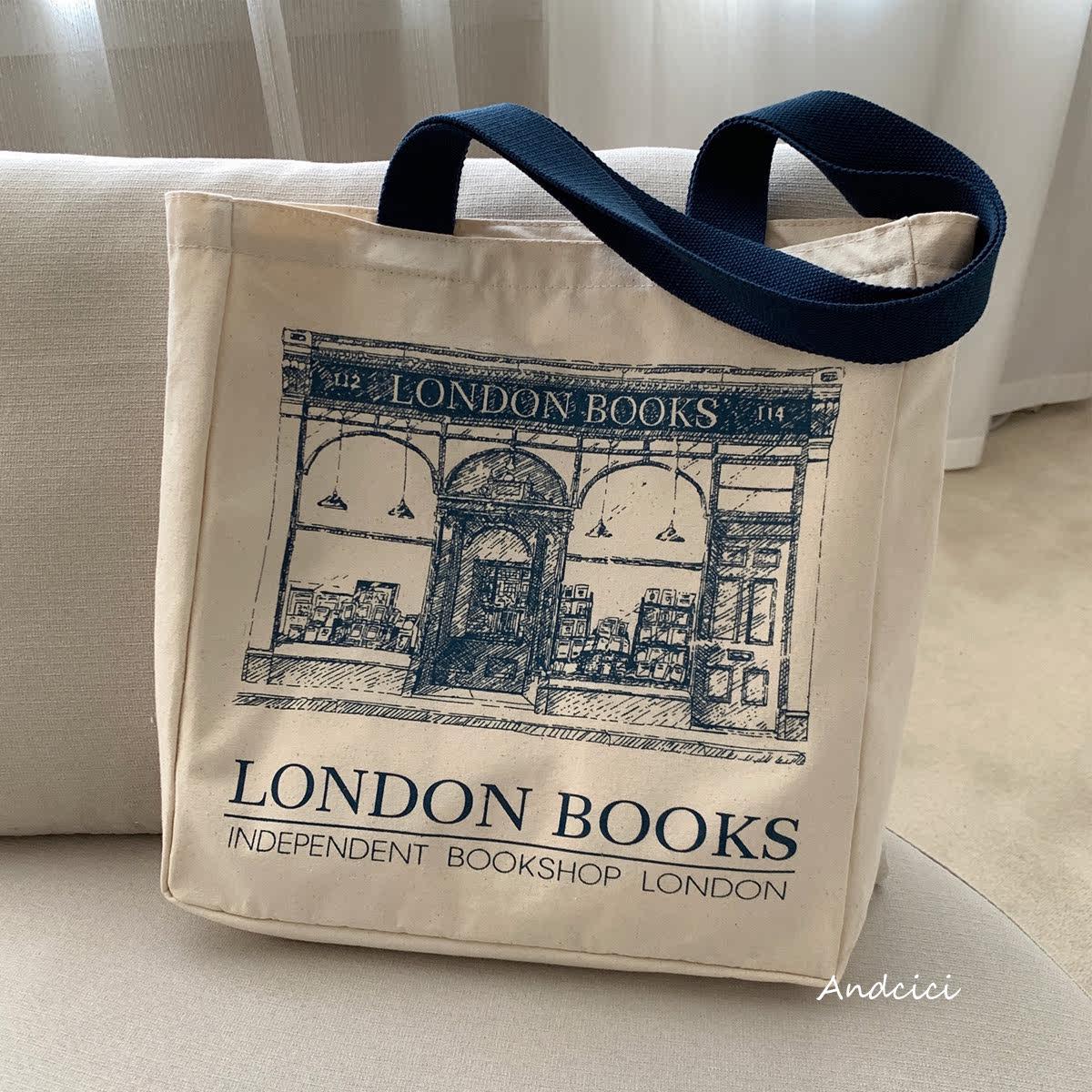 London Books Marylebone Book Store Tote Bag blue strap with Zip