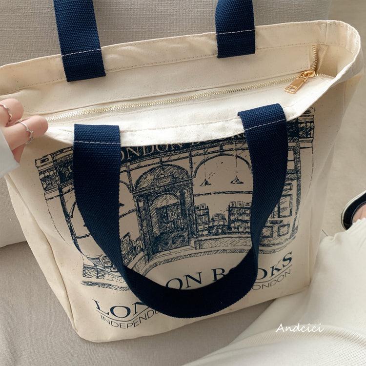 London Books Marylebone Book Store Tote Bag blue strap with Zip - Andcici