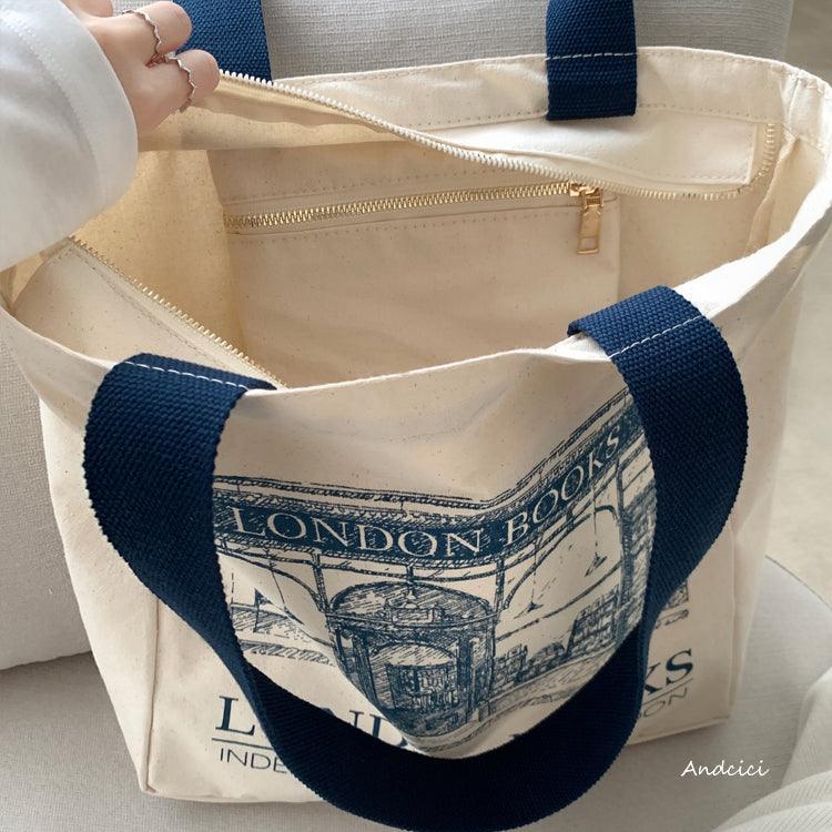 London Books Marylebone Book Store Tote Bag blue strap with Zip - Andcici
