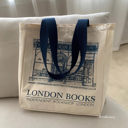 London Books Marylebone Book Store Tote Bag blue strap with Zip - Andcici