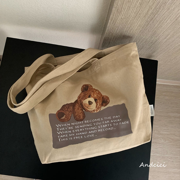 Free Love Bear Art Canvas Tote Bag with Zip - Andcici