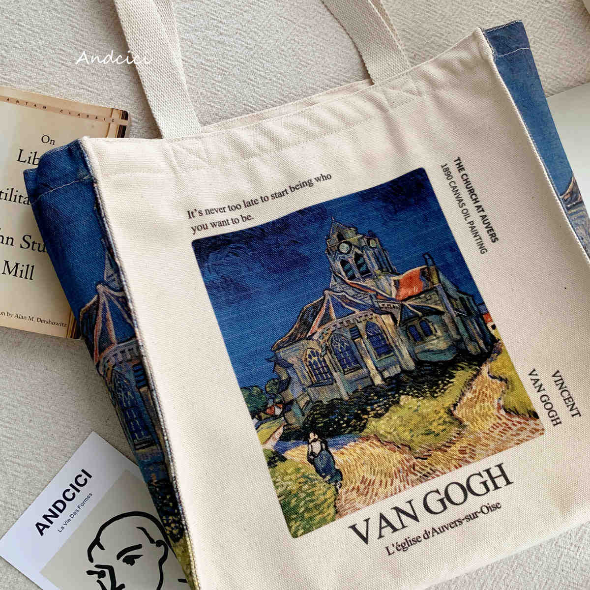 Vincent Van Gogh L'Église d’Auvers-sur-Oise, 1890 Canvas Tote Bag with Zip - Andcici