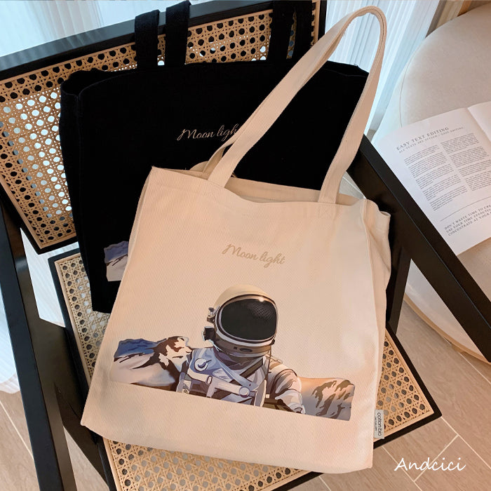 Moonlight Astronaut Abstract Art Canvas Tote Bag with Zip - Andcici