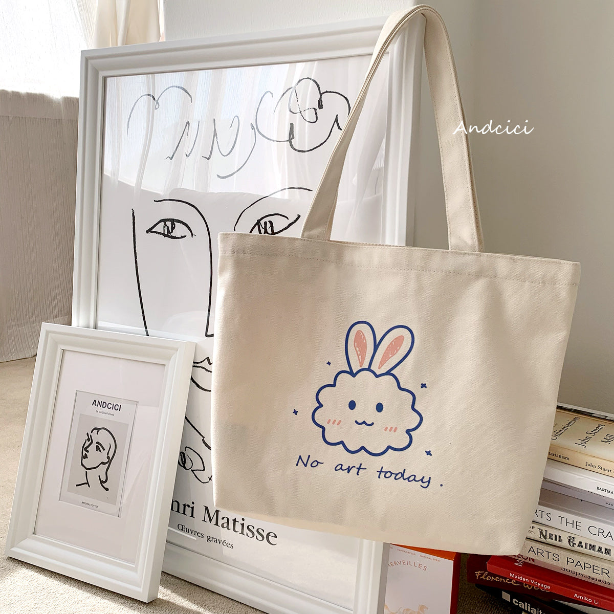 No Art Today Rabbit Canvas Tote Bag with Zip - Andcici