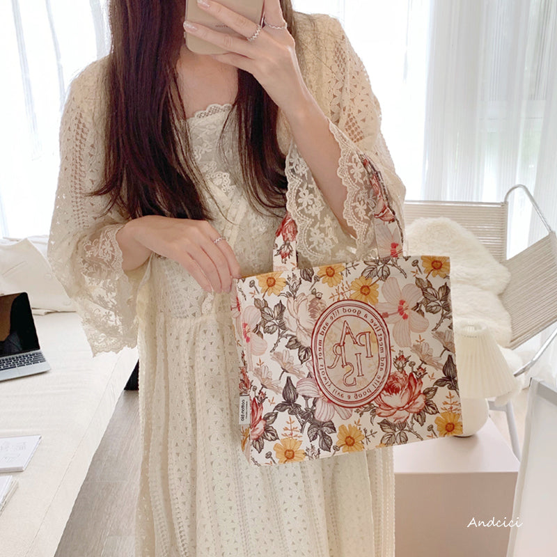 French Flowers Canvas Tote Bag with Zip - Andcici