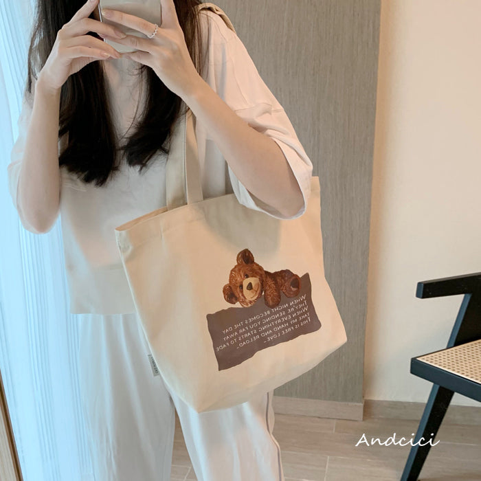 Free Love Bear Art Canvas Tote Bag with Zip - Andcici