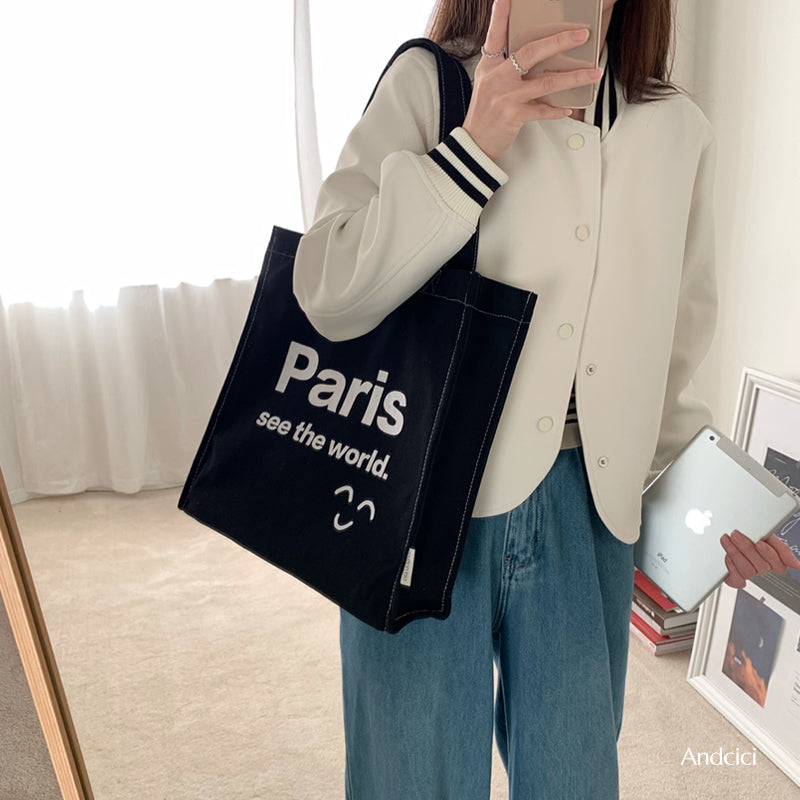 Paris See The World Canvas Tote Bag with Zip - Andcici