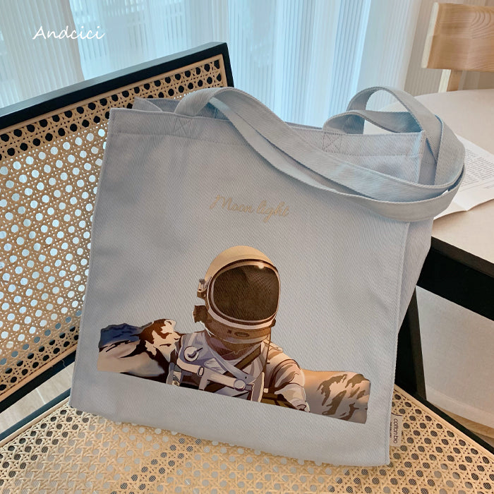 Moonlight Astronaut Abstract Art Canvas Tote Bag with Zip - Andcici
