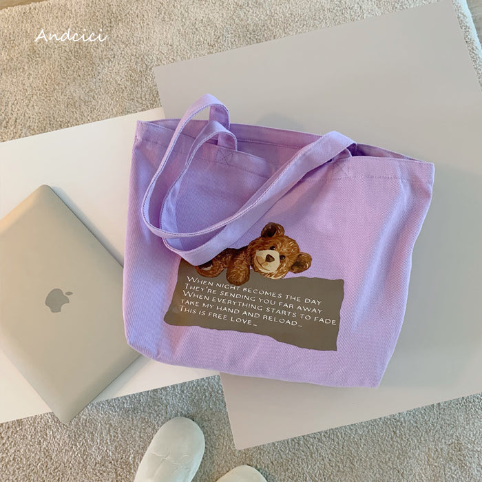 Free Love Bear Art Canvas Tote Bag with Zip - Andcici