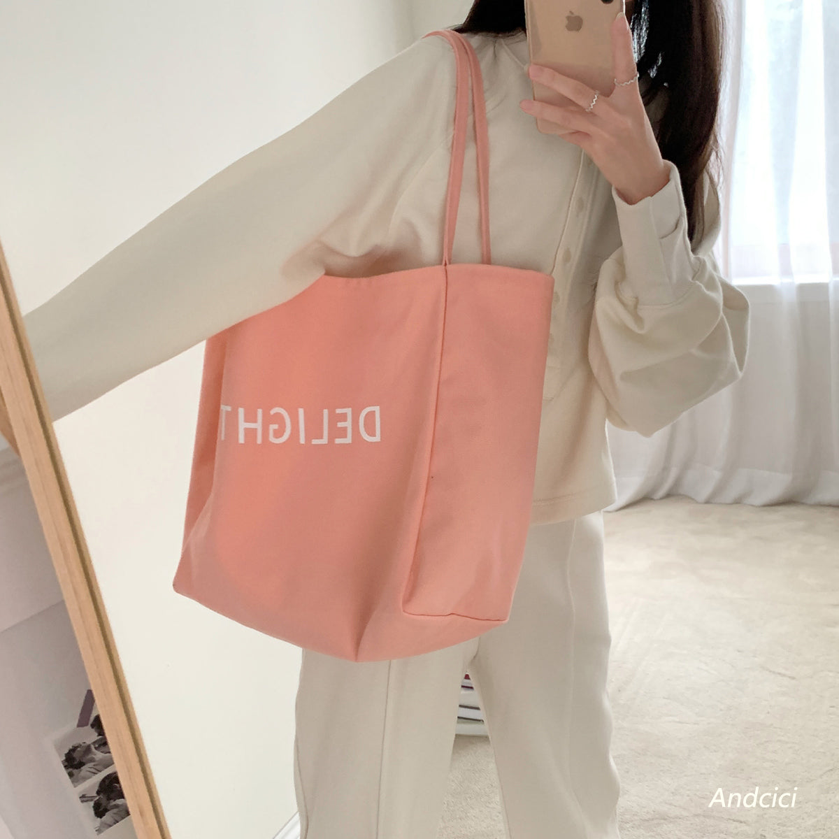 DELIGHT Canvas Tote Bag with Inner Zipped Pocket - Andcici