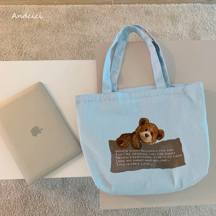Free Love Bear Art Canvas Tote Bag with Zip - Andcici