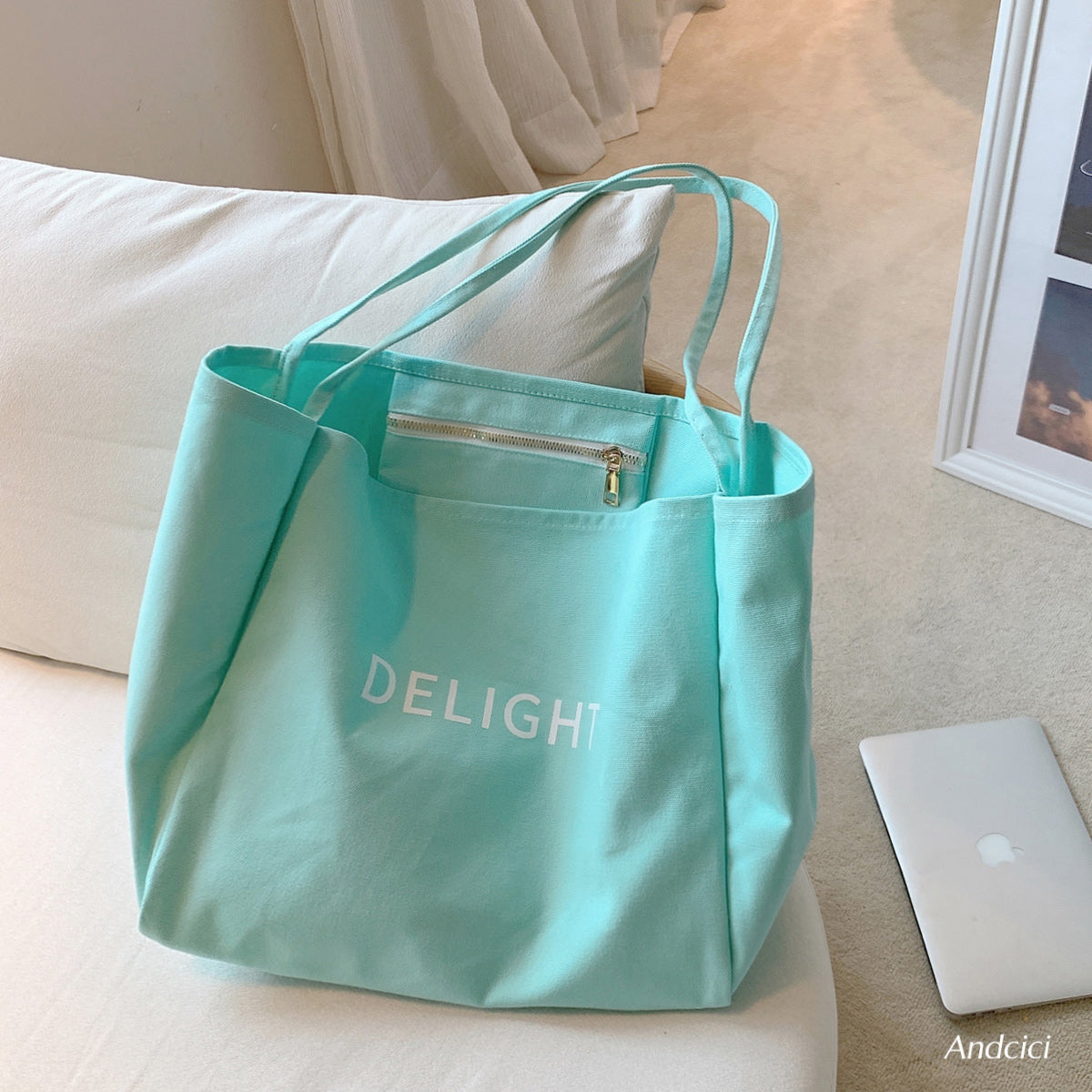 DELIGHT Canvas Tote Bag with Inner Zipped Pocket - Andcici