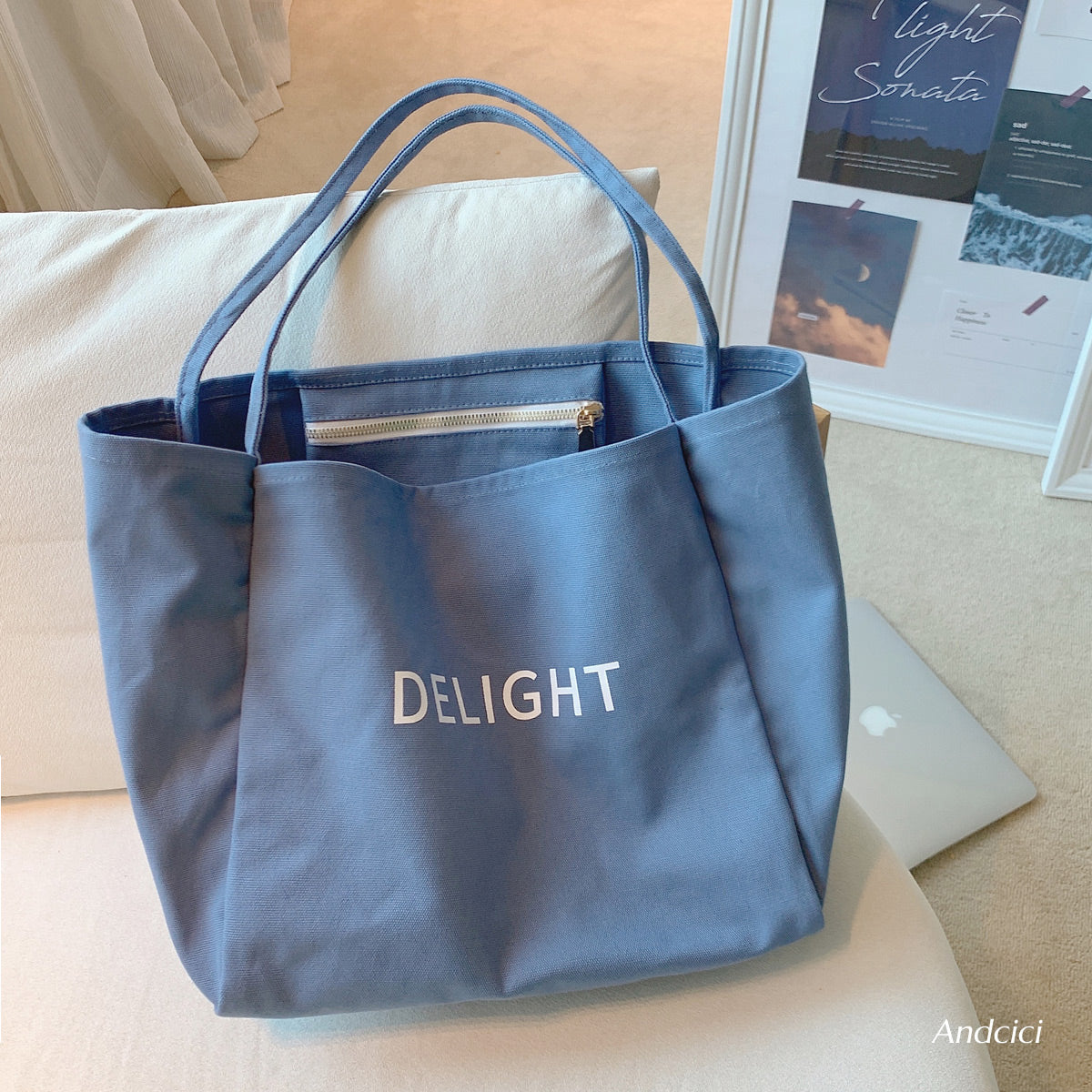 DELIGHT Canvas Tote Bag with Inner Zipped Pocket - Andcici
