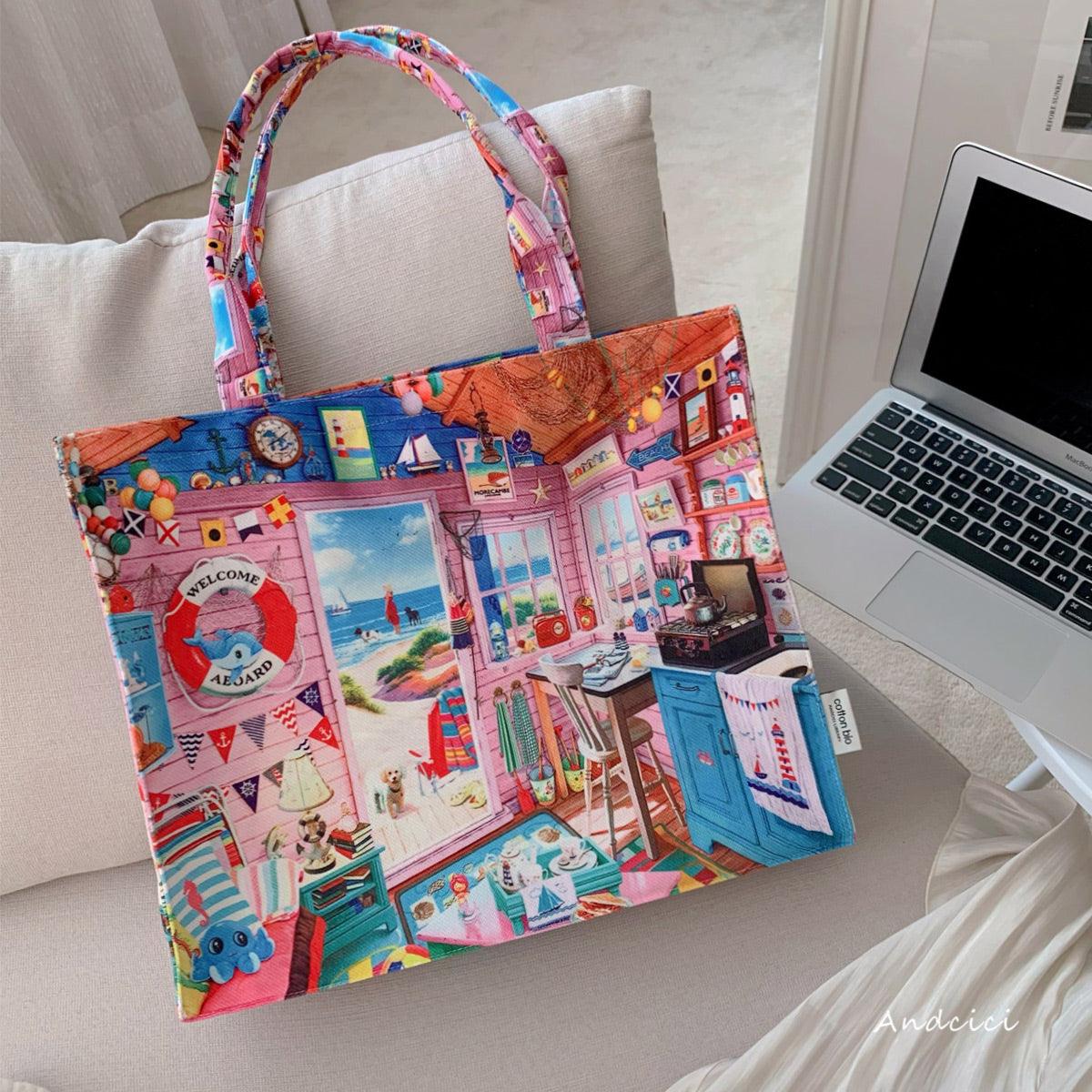 The Beach House Artwork Canvas Tote Bag with Zip - Andcici