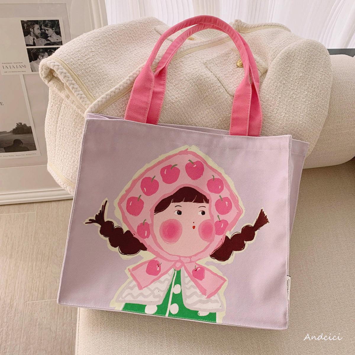 The Apple Girl Canvas Tote Bag with Zip - Andcici