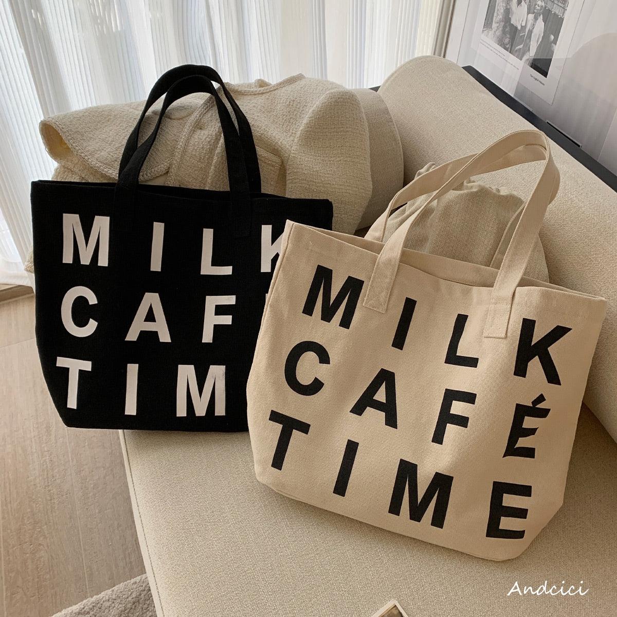 Milk Café Time Aesthetic Canvas Tote Bag with Zip - Andcici