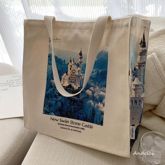 Walt Disney's Castle Inspiration Neuschwanstein Castle 1886 Canvas Tote Bag with Zip - Andcici