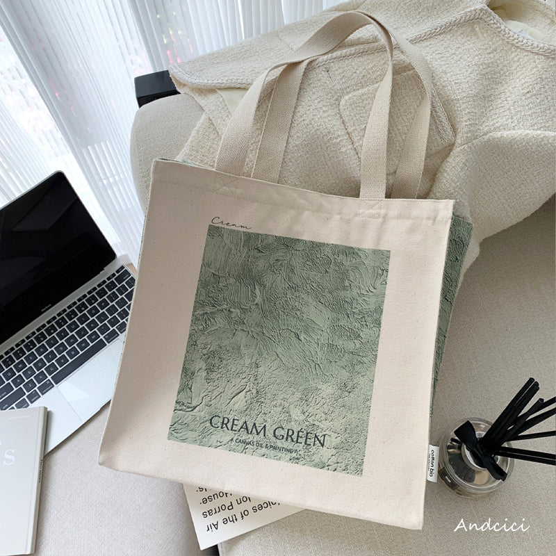 Cream Green Abstract Art Canvas Tote Bag with Zip