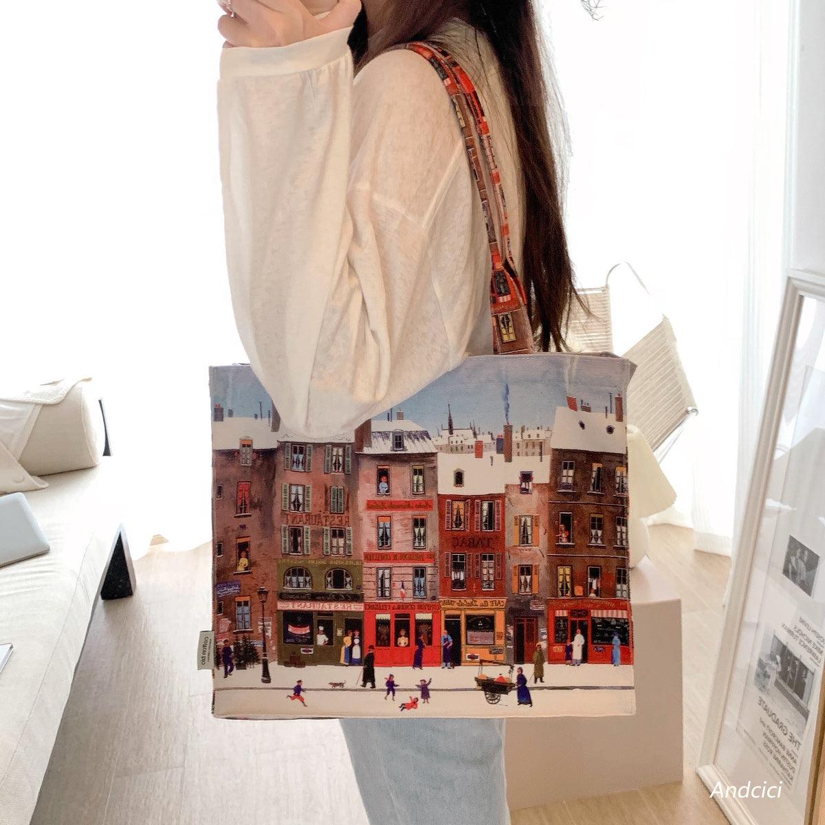 Parisian Street Watercolour Tote Bag with Zip - Andcici