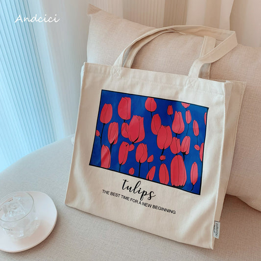 Tulips Canvas Tote Bag with Zip