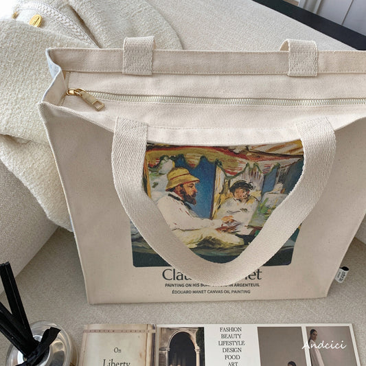 Édouard Manet Claude Monet Painting in his Studio-Boat, 1874 Canvas Tote Bag with Zip - Andcici