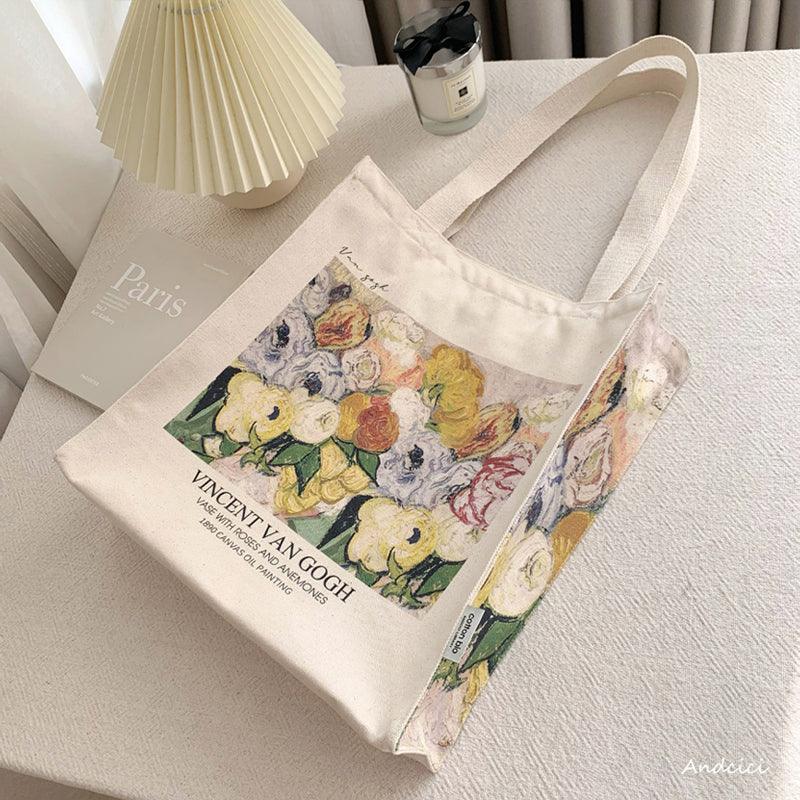 Vincent Van Gogh Vase with Roses and Anemones, 1890 Canvas Tote Bag with Zip - Andcici