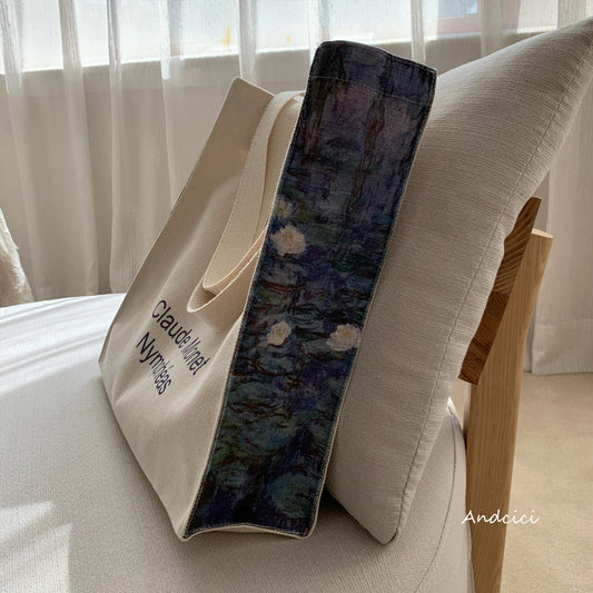 Claude Monet Nymphéas Bleus Panel Art Canvas Tote Bag with Zip - Andcici