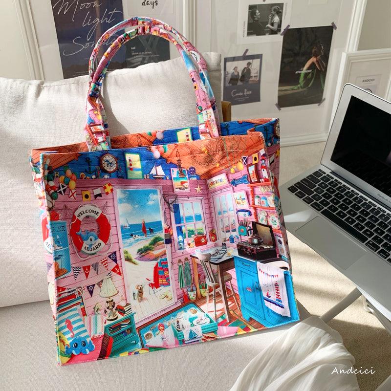 The Beach House Artwork Canvas Tote Bag with Zip - Andcici