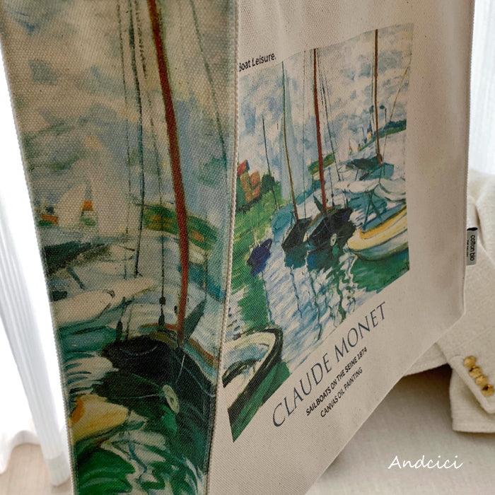 Claude Monet Sailboats on the Seine at Petit, 1874 Canvas Tote Bag with Zip - Andcici