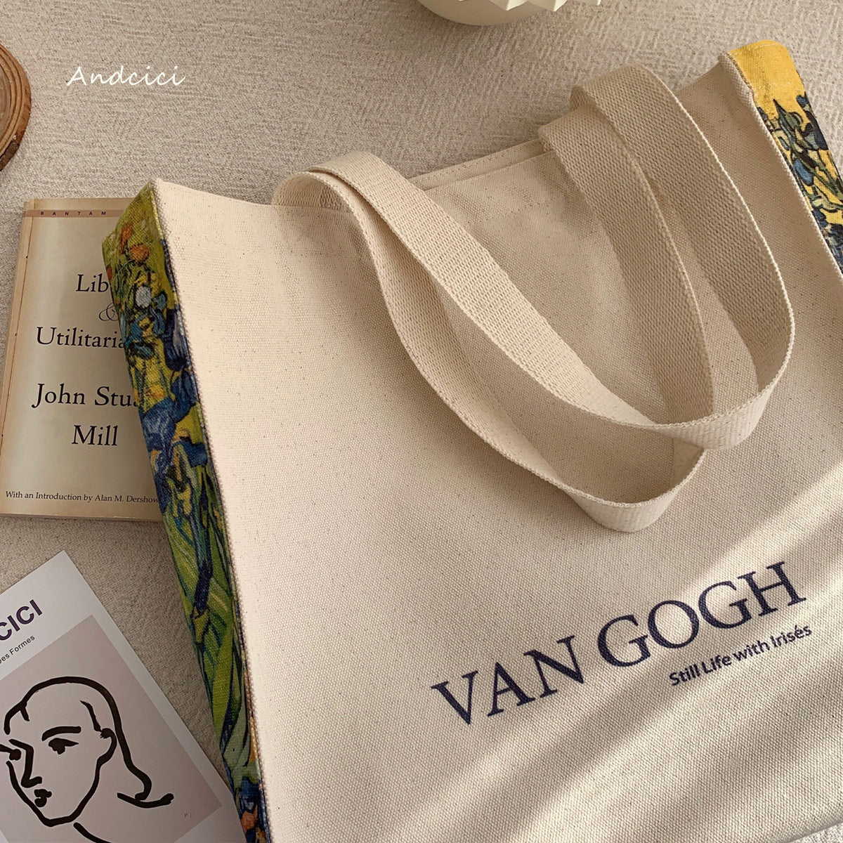 Vincent Van Gogh Irises, 1889 Panel Art Canvas Tote Bag with Zip