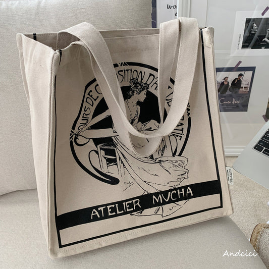 Alphonse Mucha Atelier Mucha, 1897 Canvas Tote Bag with Zip - Andcici