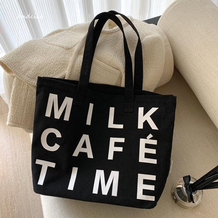 Milk Café Time Aesthetic Canvas Tote Bag with Zip - Andcici