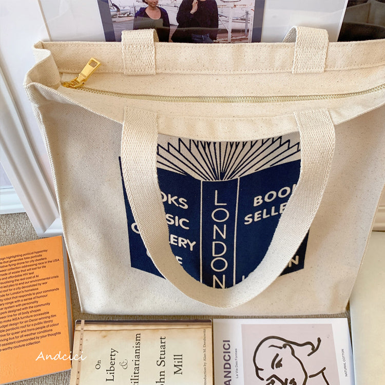 London Book Sellers Canvas Tote Bag with Inner Zipped Pocket