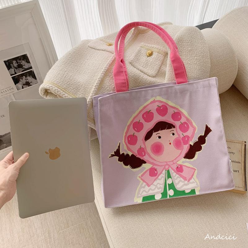 The Apple Girl Canvas Tote Bag with Zip - Andcici