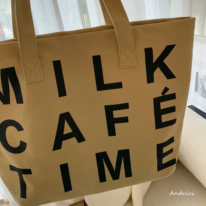 Milk Café Time Aesthetic Canvas Tote Bag with Zip - Andcici