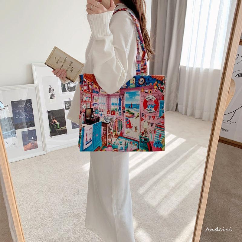 The Beach House Artwork Canvas Tote Bag with Zip - Andcici