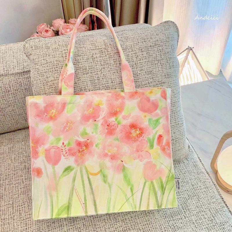 Pink Floral Dream Tote Bag with Zip - Andcici