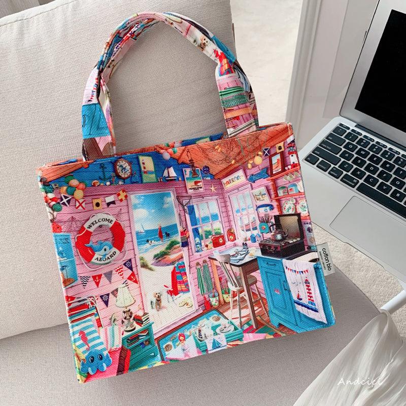 The Beach House Artwork Canvas Tote Bag with Zip - Andcici