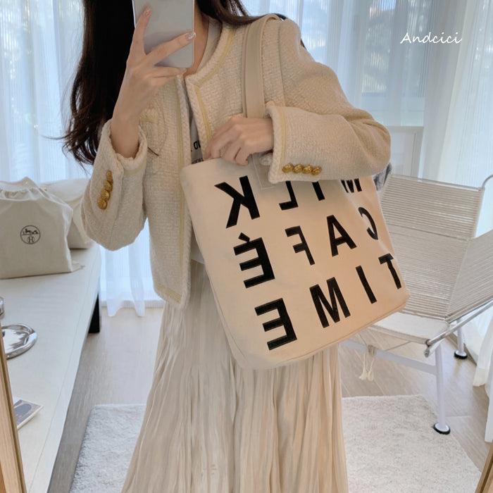 Milk Café Time Aesthetic Canvas Tote Bag with Zip - Andcici