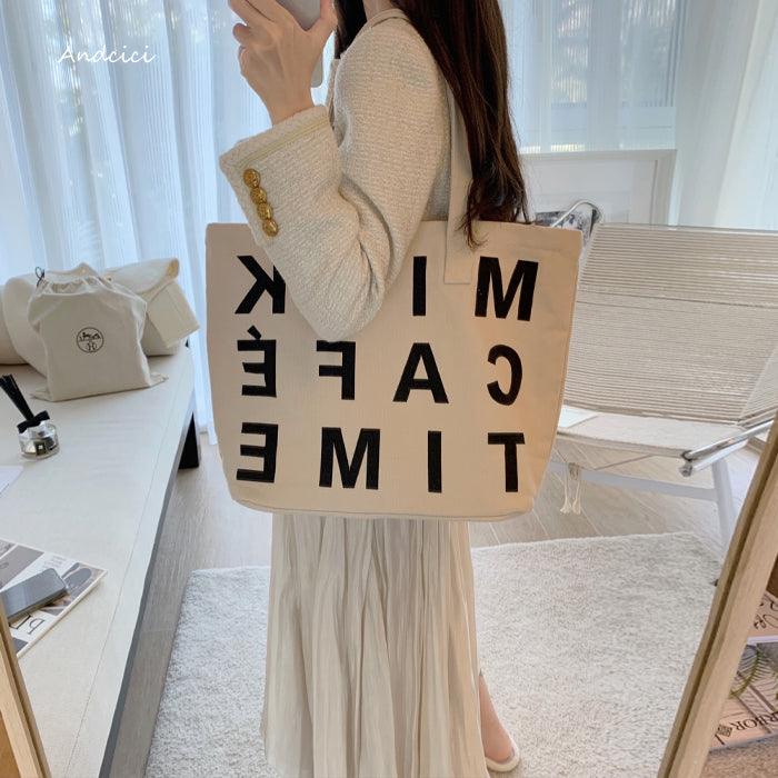 Milk Café Time Aesthetic Canvas Tote Bag with Zip - Andcici