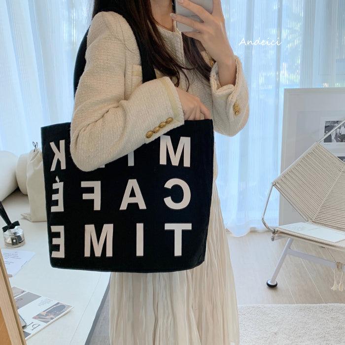 Milk Café Time Aesthetic Canvas Tote Bag with Zip - Andcici