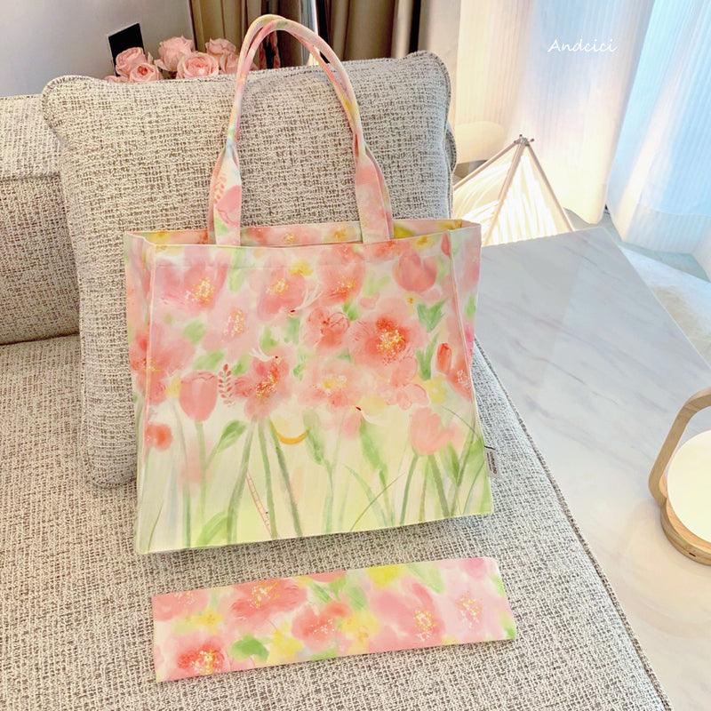 Pink Floral Dream Tote Bag with Zip - Andcici